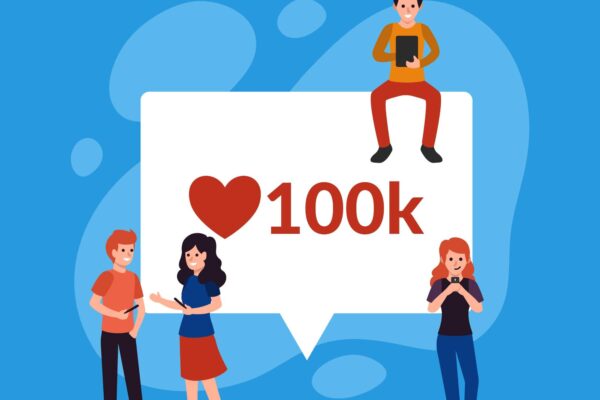Figura de 4 pessoas em desenho, ao redor da notificação de 100k seguidores.