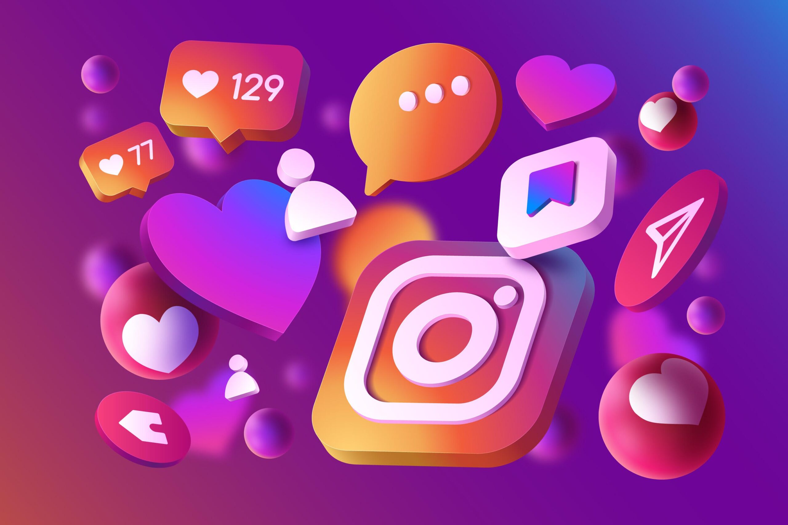 Vários ícones com a logo da rede social Instagram, na paleta de cores da marca, cercado dos ícones de engajamento também da rede social.