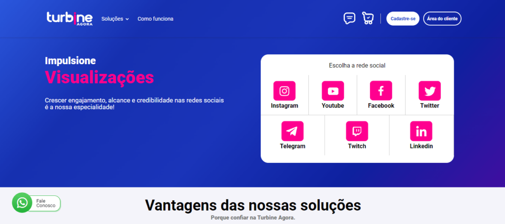 Tela de site de site da compra de seguidores para o instagram, nas cores roxo, rosa e branco