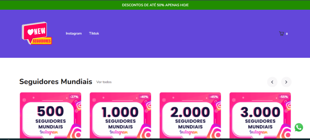 Tela inicial de site de plataforma pra comprar seguidores para o Instagram