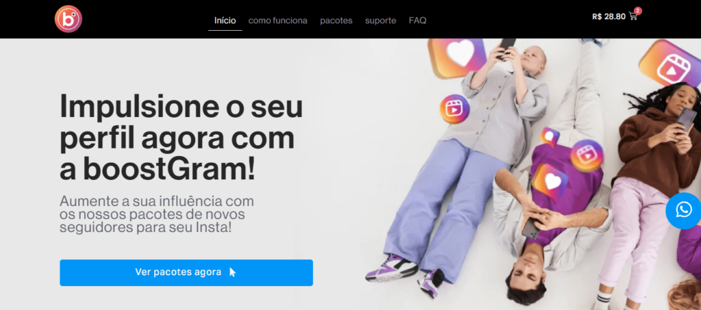 Tela inicial de um site para comprar seguidores seguros para o Instagram 