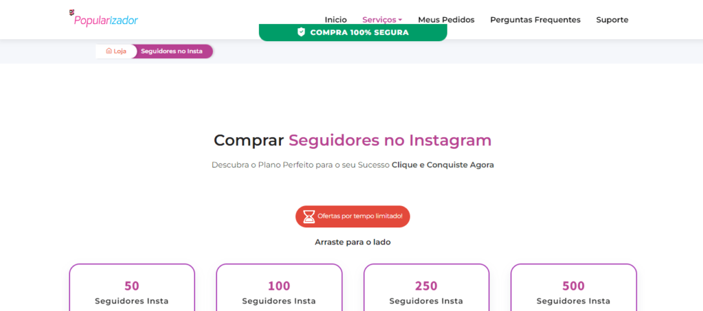 Tela de site de compra segura de seguidores para o Instagram