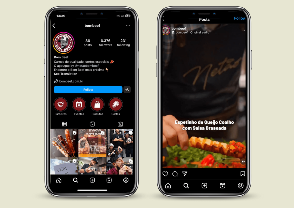 Mockups de dois celulares mostrando o feed do instagram de um perfil com conteúdos de valor para o público-alvo, exemplificando como marcas fazem para ganhar seguidores rápido