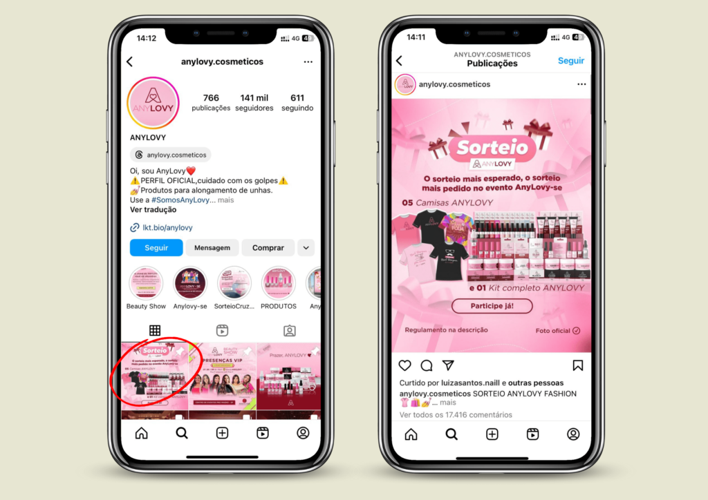 Mockups de dois celulares mostrando o feed do instagram com conteúdos que de sorteios e oferecendo outras coisas para o público