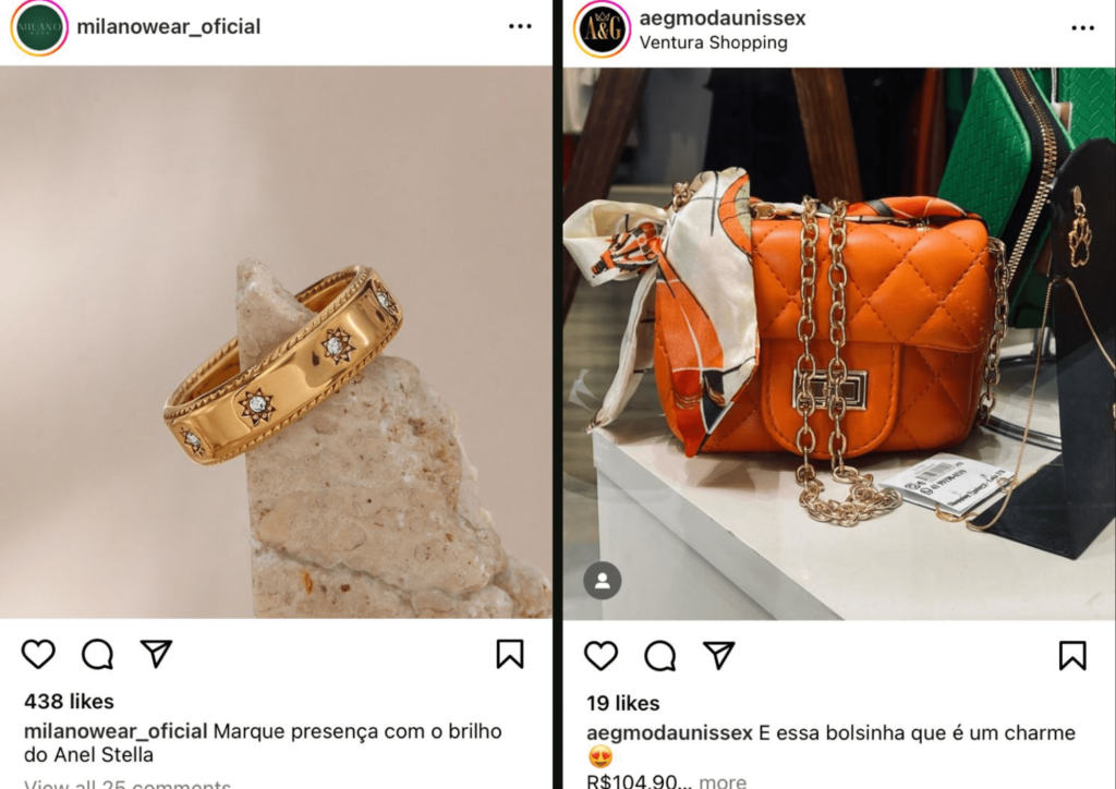 Duas imagens comparativas, uma ao lado da outra, mostrando postagens no feed do instagram, com engajamentos diferentes, exemplicando uma das formas de ganhar seguidores do jeito correto.
