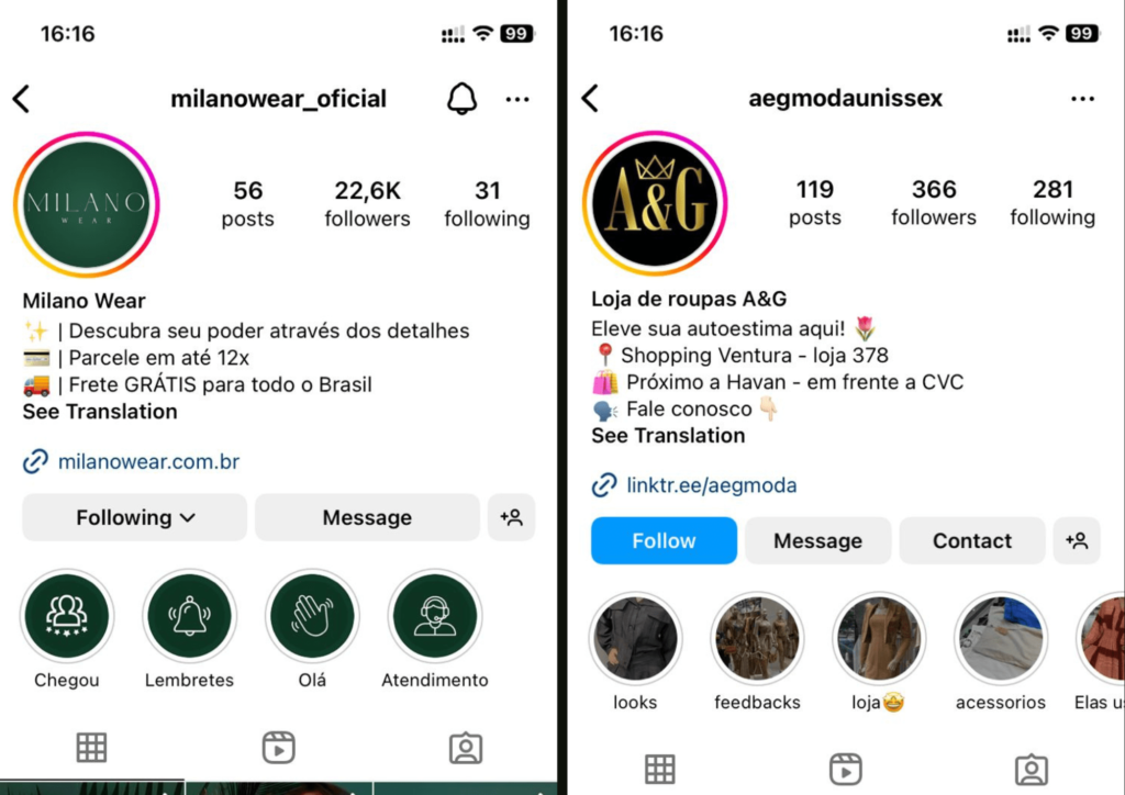 Imagens comparativas mostrando dois perfis diferentes no Instagram