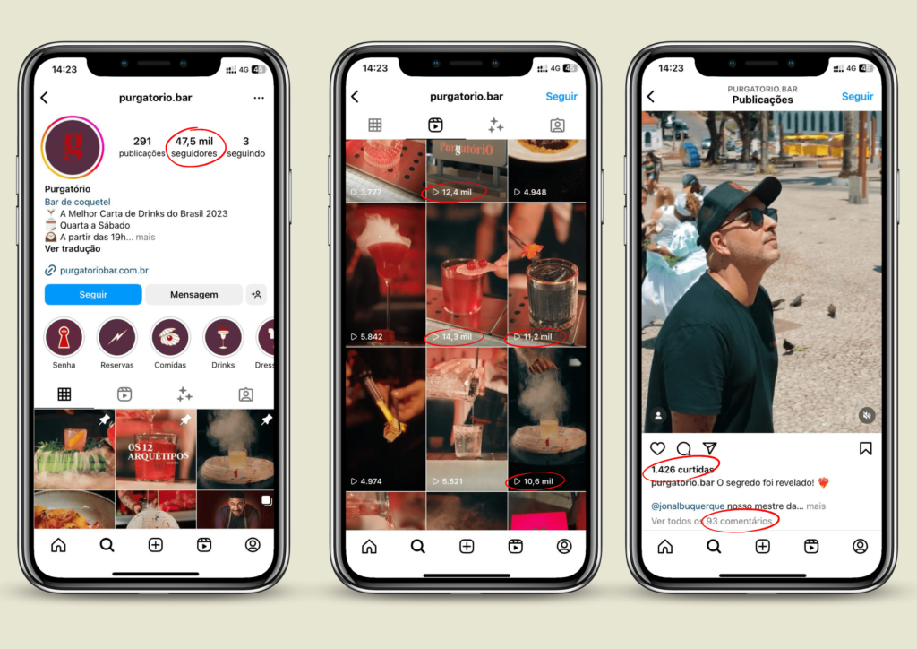 Mockups de 3 celulares mostrando o feed do instagram de um perfil com muitos seguidores e interações nos conteúdos, exemplificando como marcas fazem para ganhar seguidores rápido