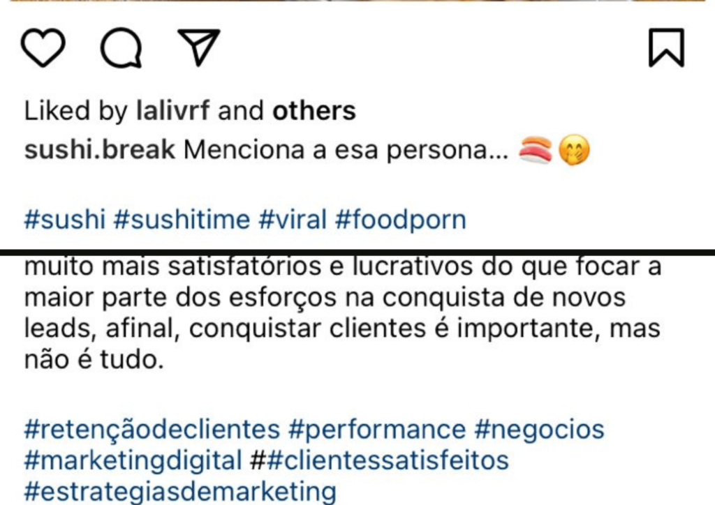 Imagens comparativas, uma em cima da outra, mostrando quantidade de hashtags de uma postagem do instagram