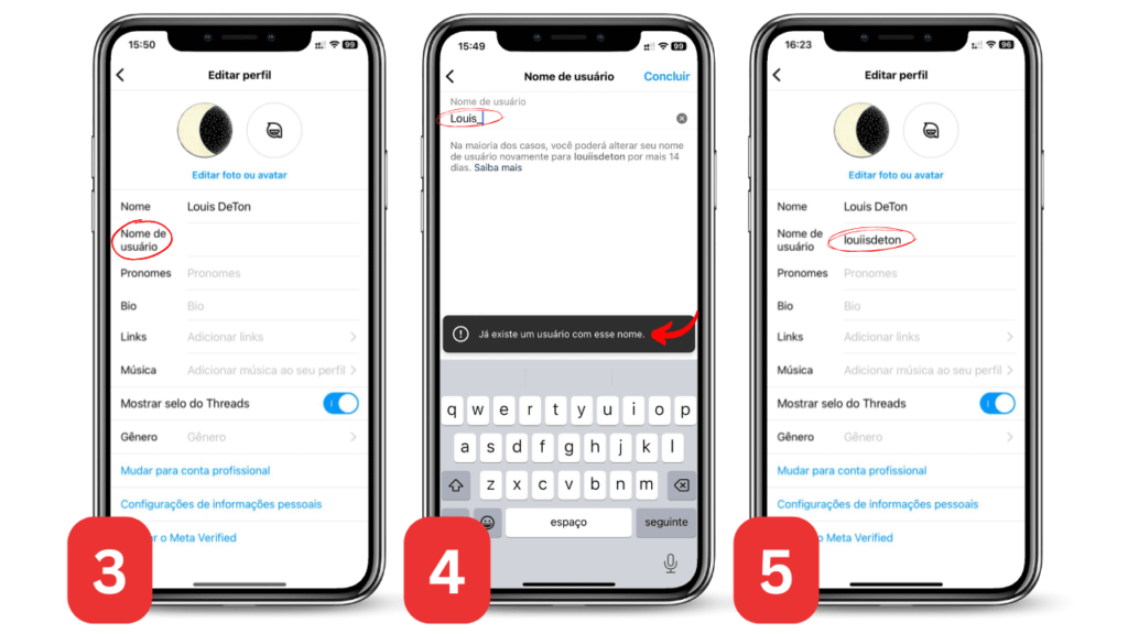 Tela de celulares mostrando o perfil do Instagram explicando o passo a passo para alterar o nome de usuário 