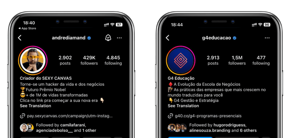 Tela de dois celulares mostrando o dois perfis diferentes no instagram destacando a bio de perfil 