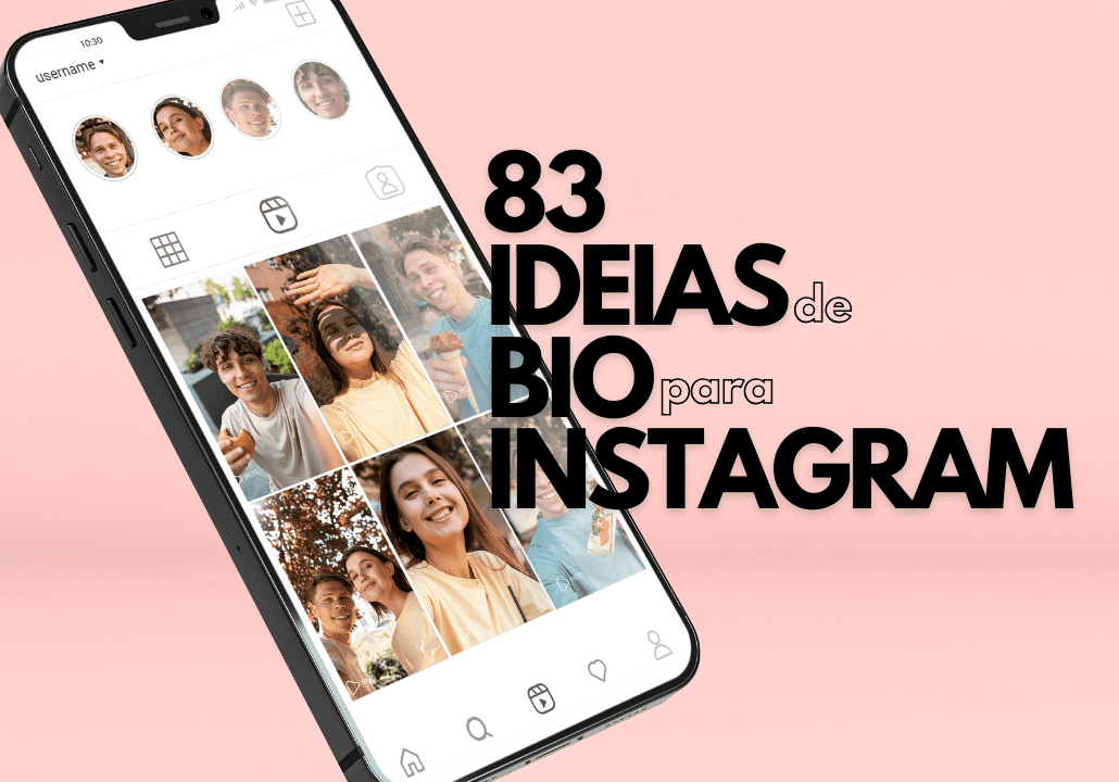 Mockup de um celular fluando em frente ao texto "38 ideias de BIO para Instagram"