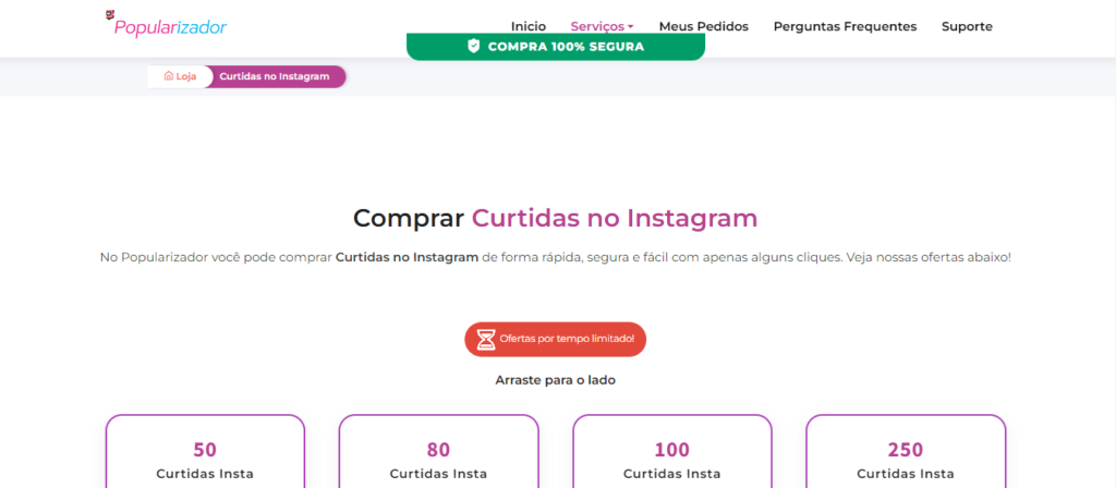 Imagem da interface da página de um site para comprar curtidas