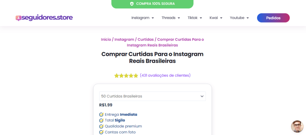 Imagem da interface da página de um dos melhores sites para comprar curtidas no Instagram