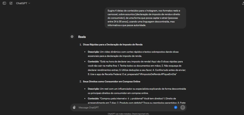 Tela do chatgpt mostrando como usar comandos na ferramenta para potencializar os ganhos de seguidores usando inteligencia artificial 