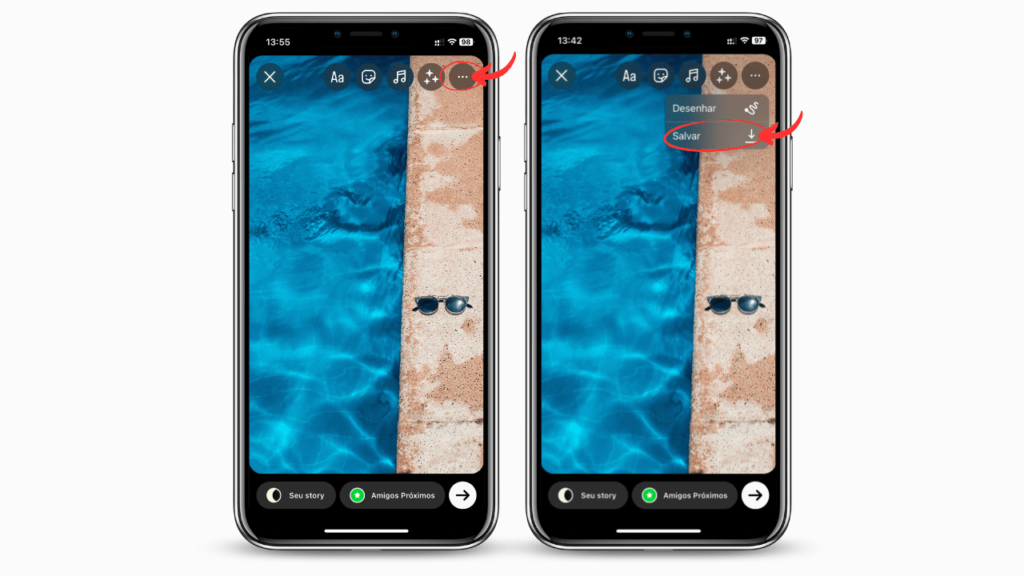 Imagem de dois celulares mostrando a tela de edição do story do instagram
