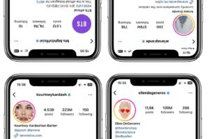 Imagem mostra quatro telas de celulares exibindo o perfil de quais famosos compram seguidores no instagram.