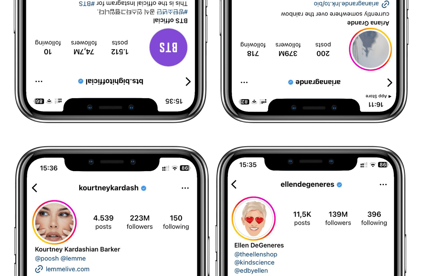 Imagem mostra quatro telas de celulares exibindo o perfil de quais famosos compram seguidores no instagram.