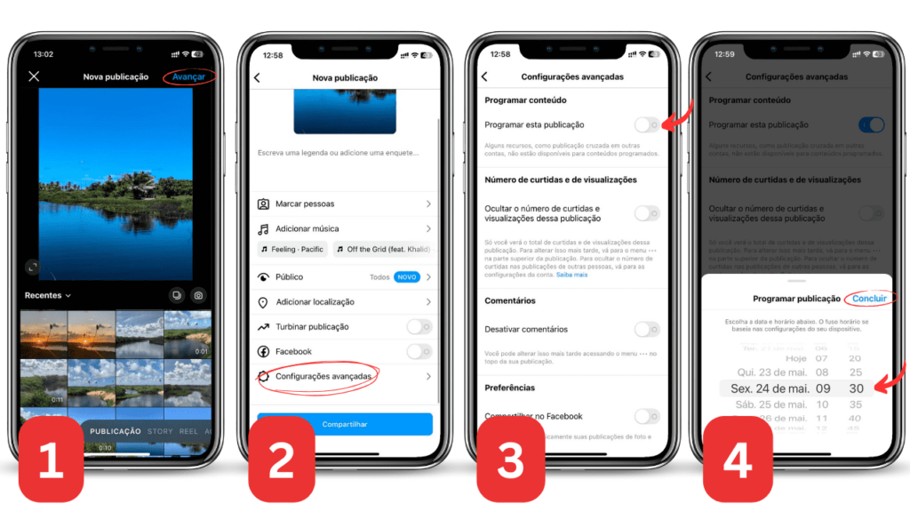 Quatro telas de celulares mostrando o passo a passo do painel de configuração do Instagram para programar publicações. O passo a passo mostra como usar IA para ganhar seguidores