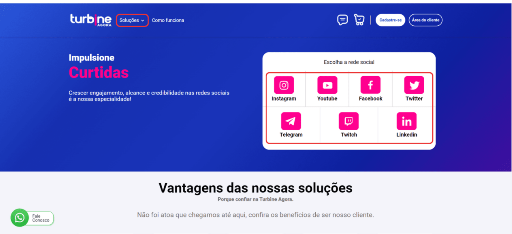 Tela do painel principal de site para comprar curtidas no instagram