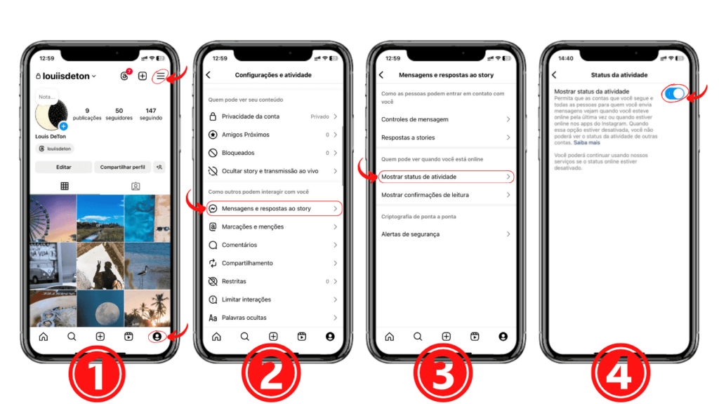 telas de celulares mostrando passo a passo de como desativar status online do instagram