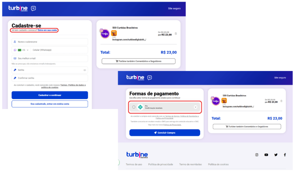 Telas mostrando passo a passo para comprar curtidas no instagram em site de engajamento