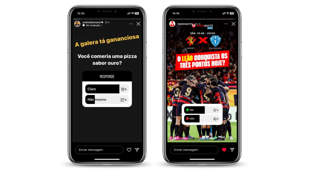 celulares mostrando stories de marcas no instagram como exemplo de ideia de story para engajar e ganhar seguidores