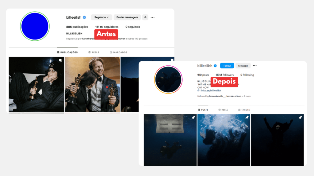 imagem do feed do instagram mostrando "antes" e "depois" de um perfil depois de usar "melhores amigos" como ideia de story para ganhar seguidores