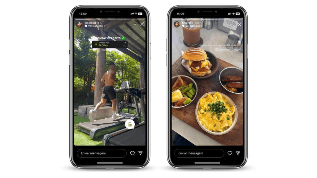 celulares mostrando o perfil de alguém usando o story para compartilhar a rotina de treinos e dieta do dia a dia. 