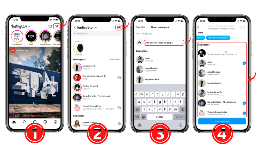 imagens de celulares mostrando telas com passo a passo para criar grupos no instagram e ter mais engajamento
