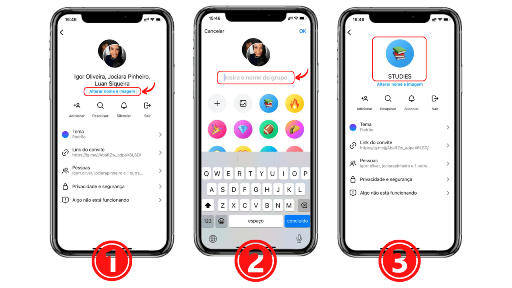 imagens de telas de celulares mostrando o passo a passo para alterar imagem e nome de grupo no instagram