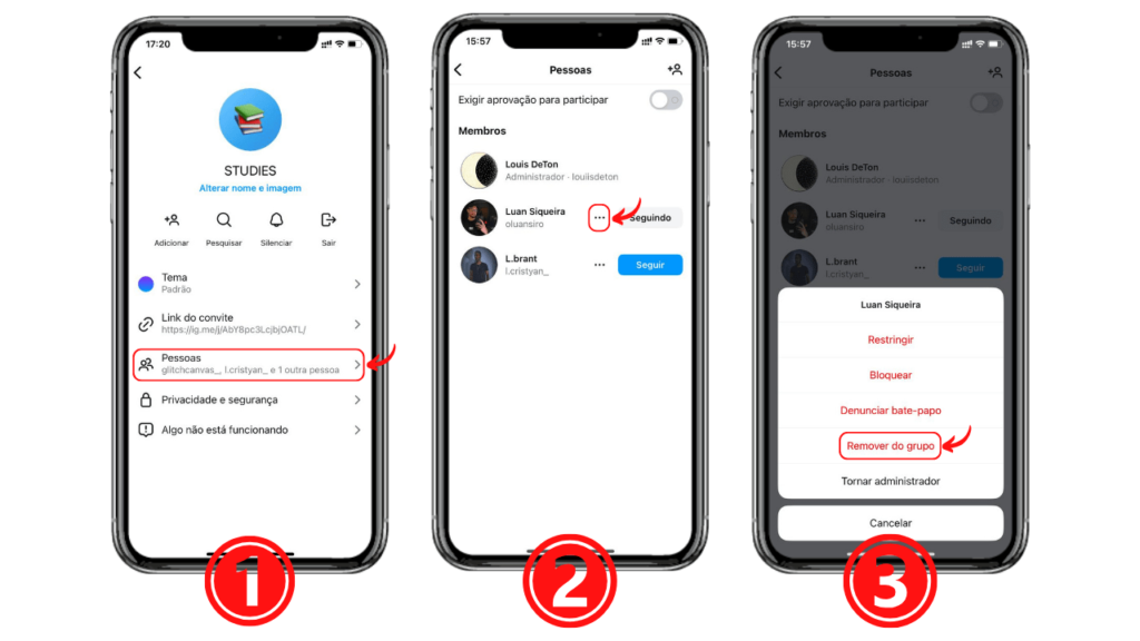 telas de celulares mostrando o passo a passo para remover pessoas do grupo no instagram
